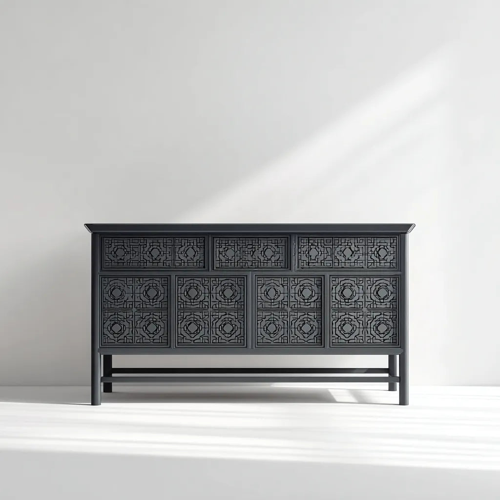 Credenza Sala da pranzo 170×40×80 cm - nero - ante decorative con motivo foglia e struttura rialzata