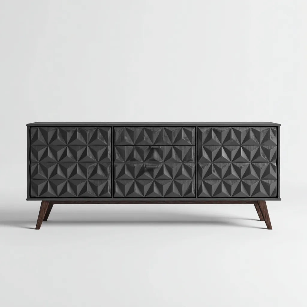 Credenza da sala da pranzo 160×42×85 cm in legno beige e nero stile geometrico con contenimento