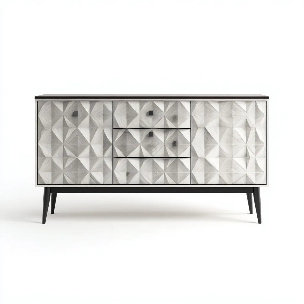 Credenza da sala da pranzo 180×40×82 cm in legno antracite con dettagli oro stile geometrico moderno